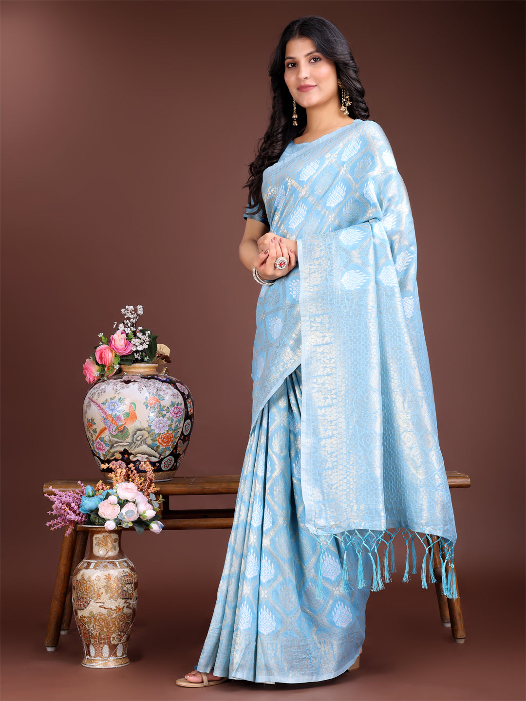 Astita Sky Blue Cotton Woven Zari Work Traditional Tassel Saree - Distacart
