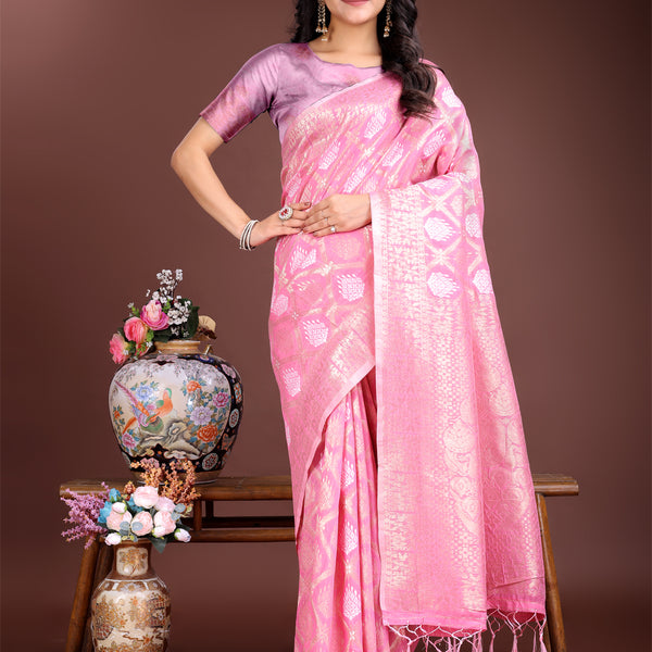 Astita Pink Cotton Woven Zari Work Traditional Tassel Saree - Distacart