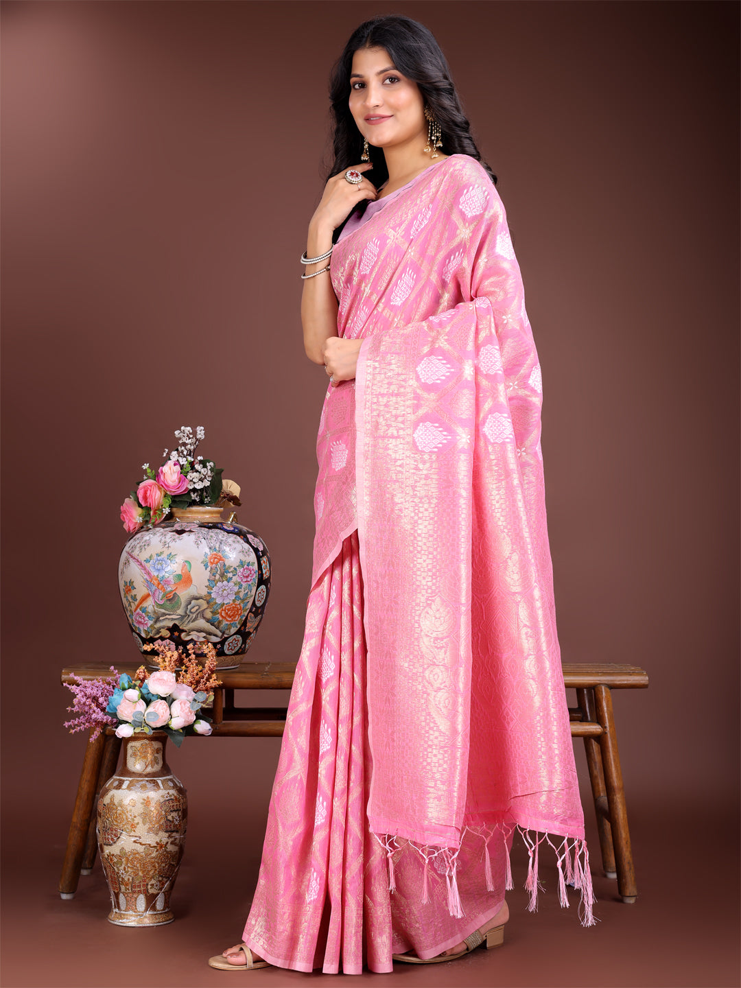 Astita Pink Cotton Woven Zari Work Traditional Tassel Saree - Distacart