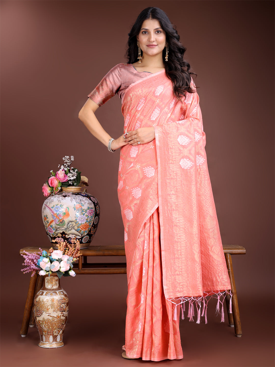 Astita Peach Cotton Woven Zari Work Traditional Tassel Saree - Distacart