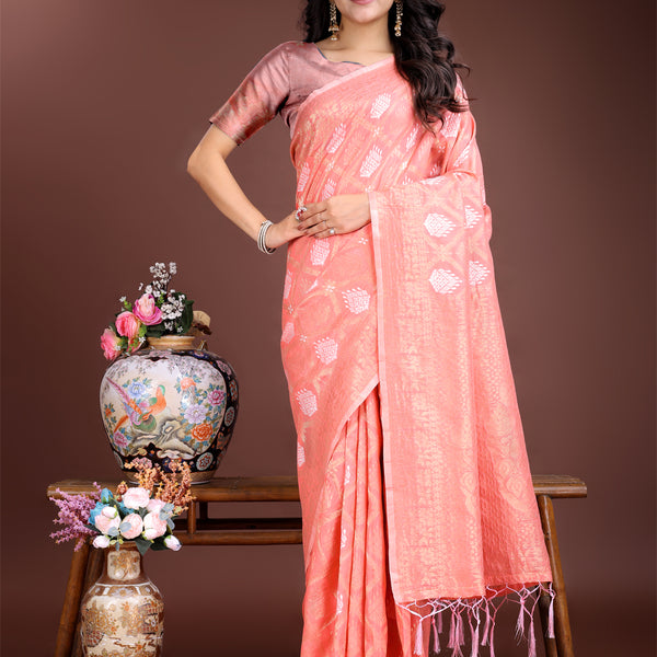Astita Peach Cotton Woven Zari Work Traditional Tassel Saree - Distacart