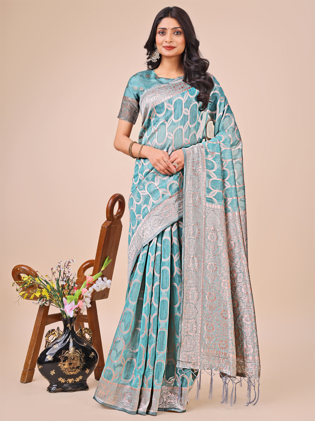Astita Elegant Sea Green Linen Cotton Saree with Silver Zari Border & Geometric Weave - Daily,Office & Festive Wear - Distacart