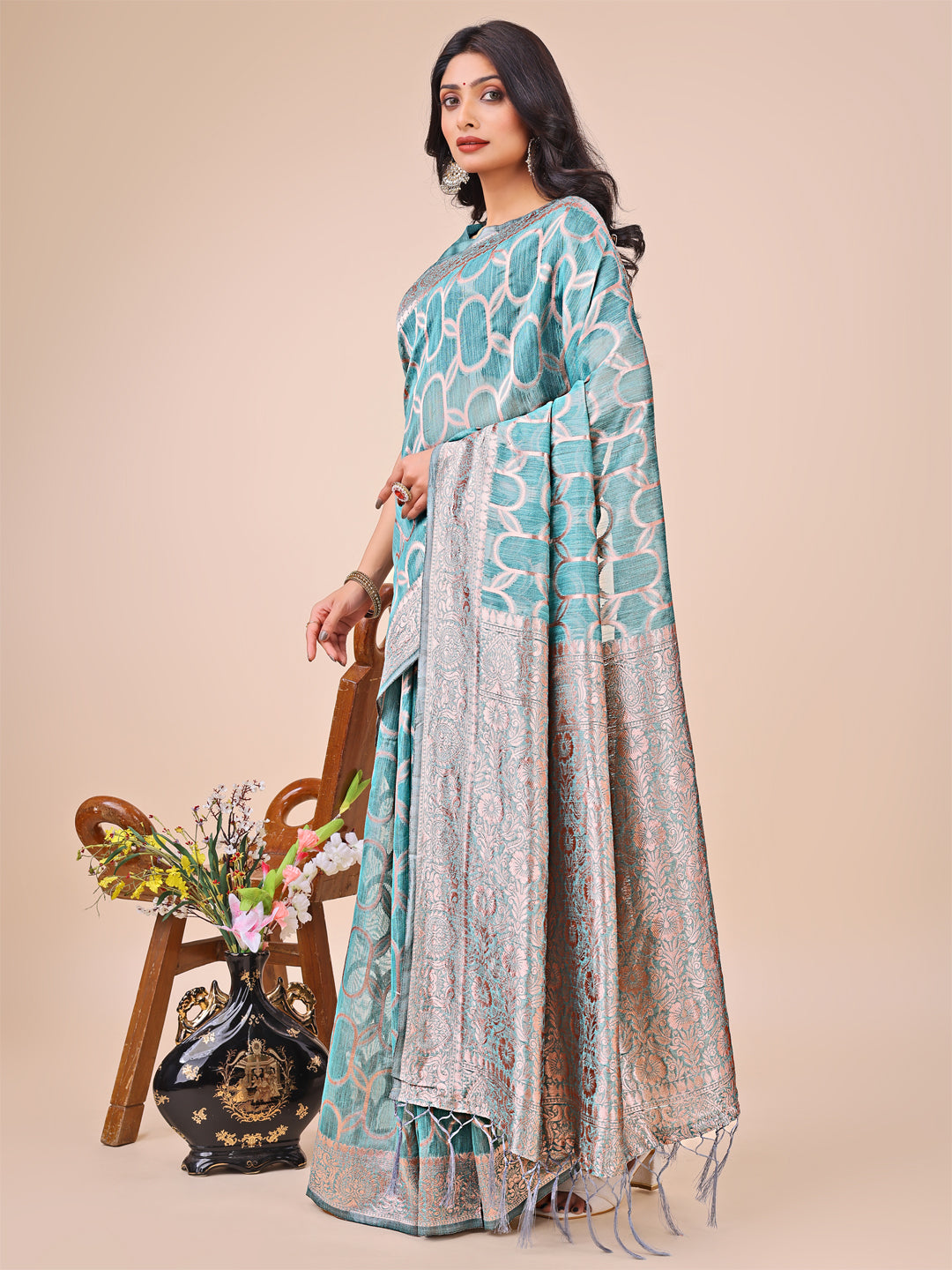 Astita Elegant Sea Green Linen Cotton Saree with Silver Zari Border & Geometric Weave - Daily,Office & Festive Wear - Distacart