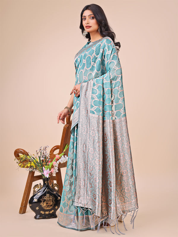 Astita Elegant Sea Green Linen Cotton Saree with Silver Zari Border & Geometric Weave - Daily,Office & Festive Wear - Distacart