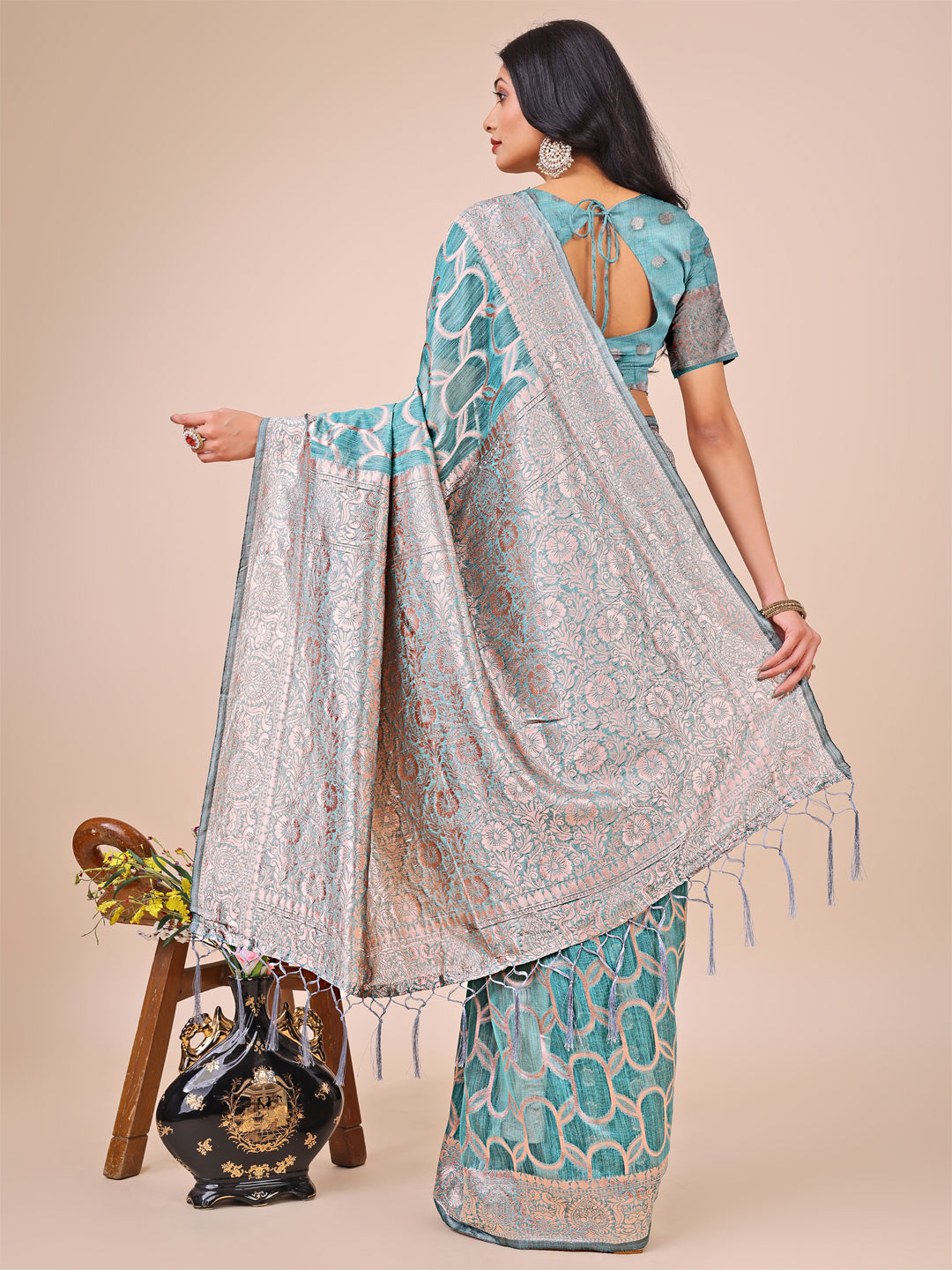Astita Elegant Sea Green Linen Cotton Saree with Silver Zari Border & Geometric Weave - Daily,Office & Festive Wear - Distacart