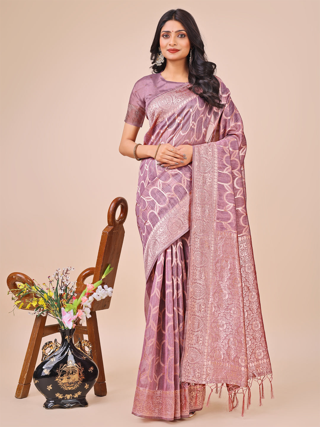 Astita Elegant Purple Linen Cotton Saree with Silver Zari Border & Geometric Weave - Daily,Office & Festive Wear - Distacart