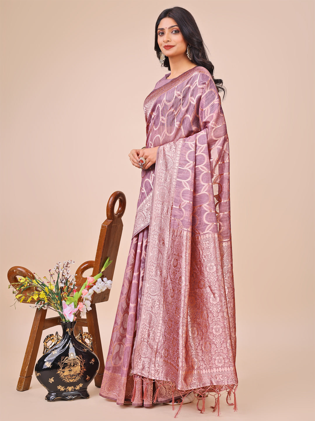 Astita Elegant Purple Linen Cotton Saree with Silver Zari Border & Geometric Weave - Daily,Office & Festive Wear - Distacart