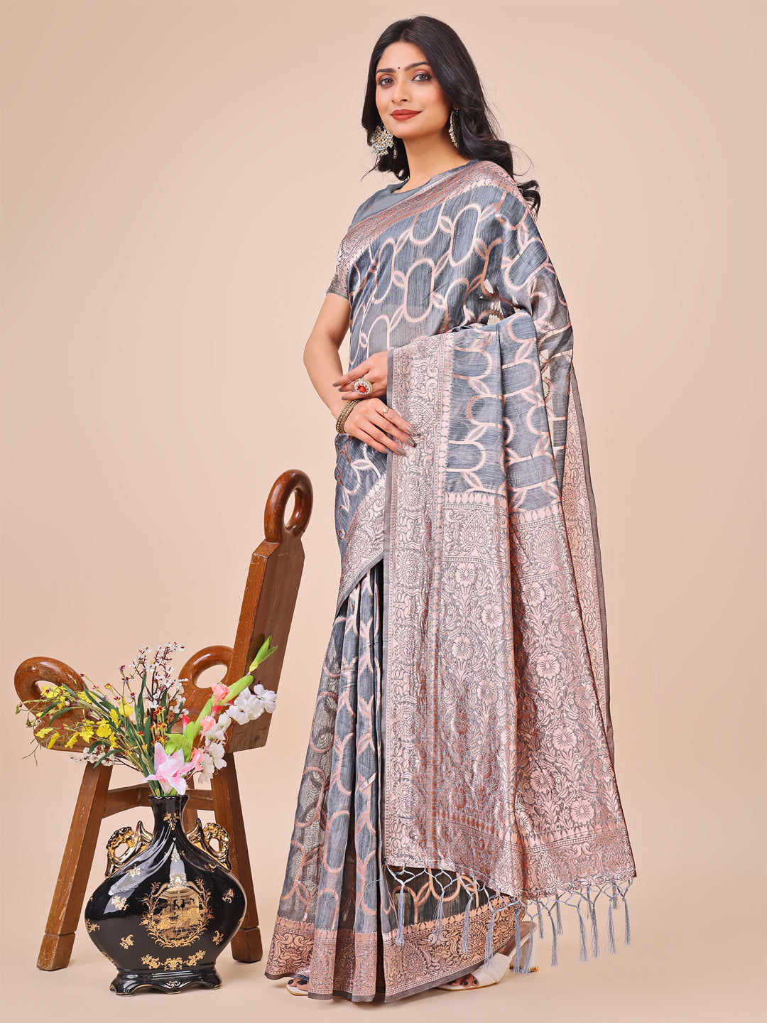 Astita Elegant Grey Linen Cotton Saree with Silver Zari Border & Geometric Weave - Daily,Office & Festive Wear - Distacart