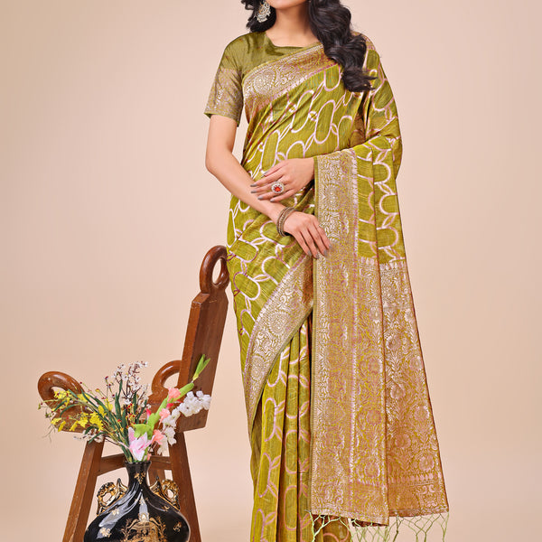 Astita Elegant Olive Green Linen Cotton Saree with Silver Zari Border & Geometric Weave - Daily,Office & Festive Wear - Distacart
