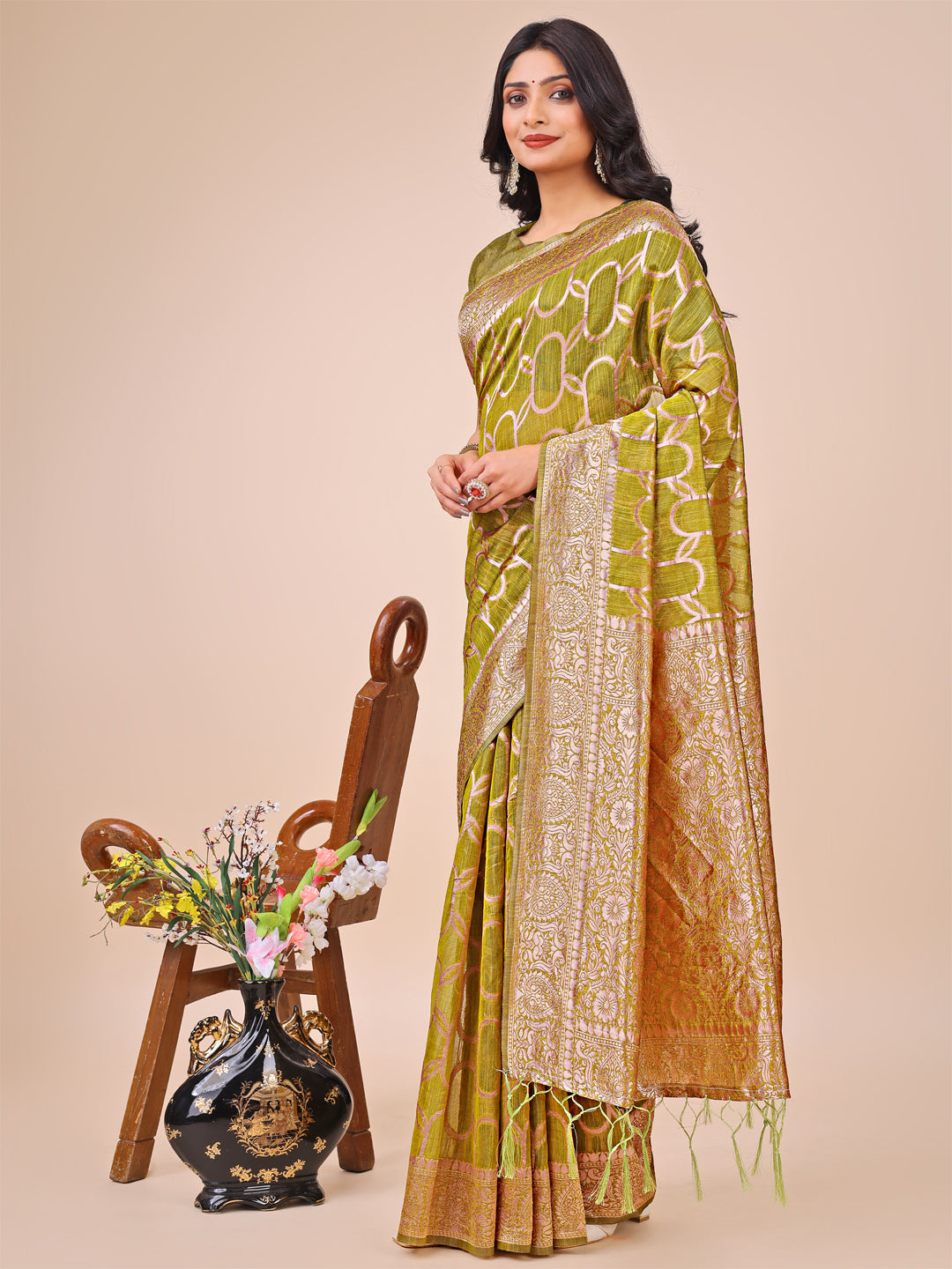 Astita Elegant Olive Green Linen Cotton Saree with Silver Zari Border & Geometric Weave - Daily,Office & Festive Wear - Distacart