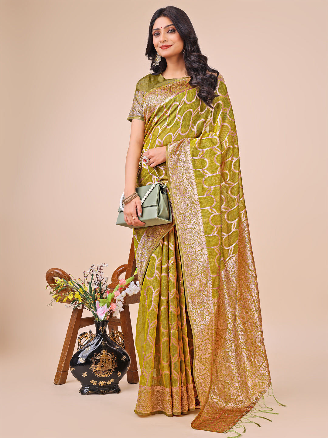 Astita Elegant Olive Green Linen Cotton Saree with Silver Zari Border & Geometric Weave - Daily,Office & Festive Wear - Distacart