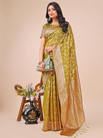 Thumbnail for Astita Elegant Olive Green Linen Cotton Saree with Silver Zari Border & Geometric Weave - Daily,Office & Festive Wear - Distacart