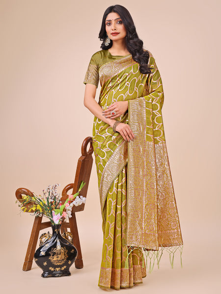 Astita Elegant Olive Green Linen Cotton Saree with Silver Zari Border & Geometric Weave - Daily,Office & Festive Wear - Distacart