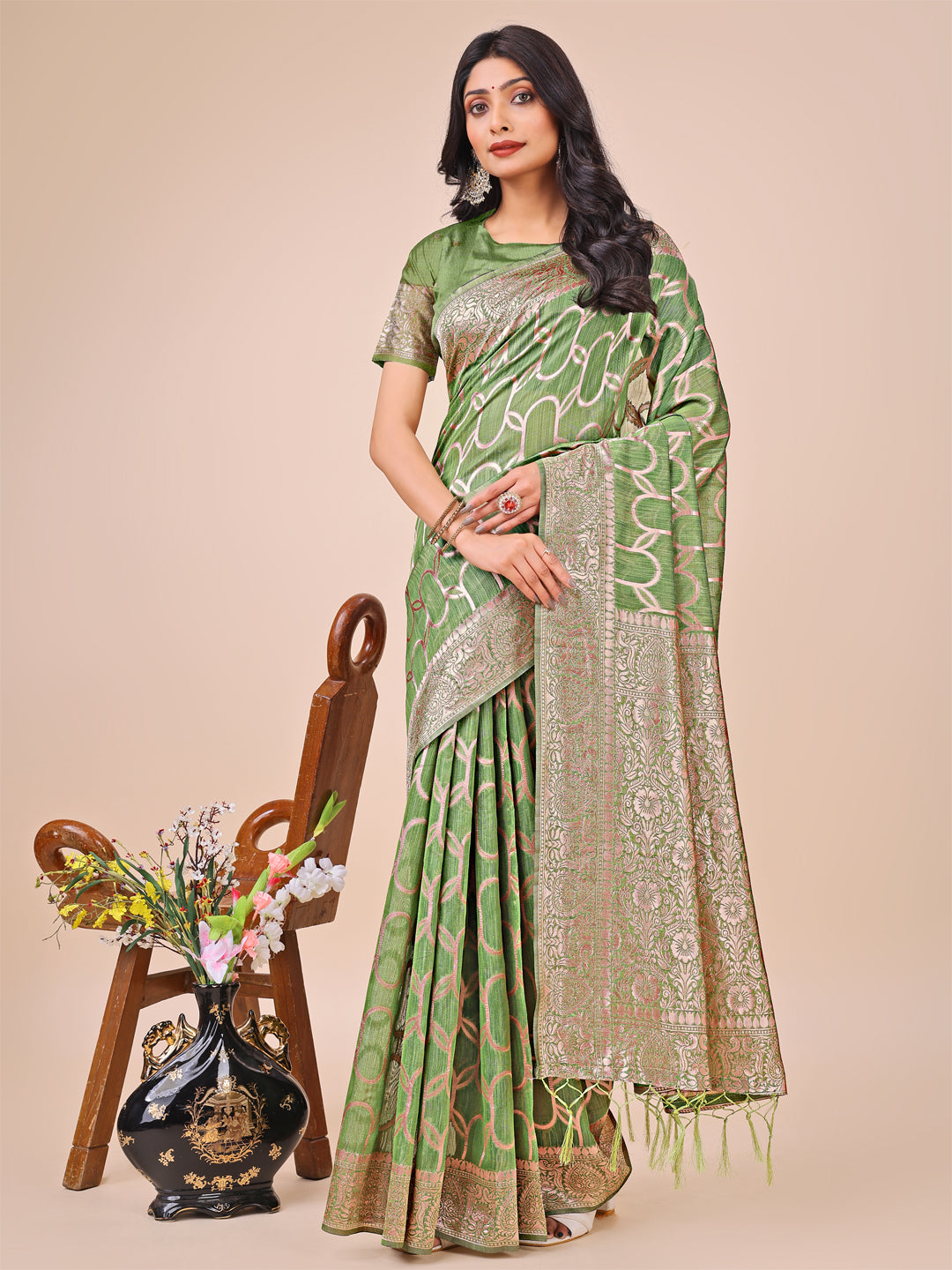 Astita Elegant Green Linen Cotton Saree with Silver Zari Border & Geometric Weave - Daily,Office & Festive Wear - Distacart