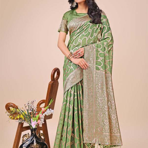 Astita Elegant Green Linen Cotton Saree with Silver Zari Border & Geometric Weave - Daily,Office & Festive Wear - Distacart