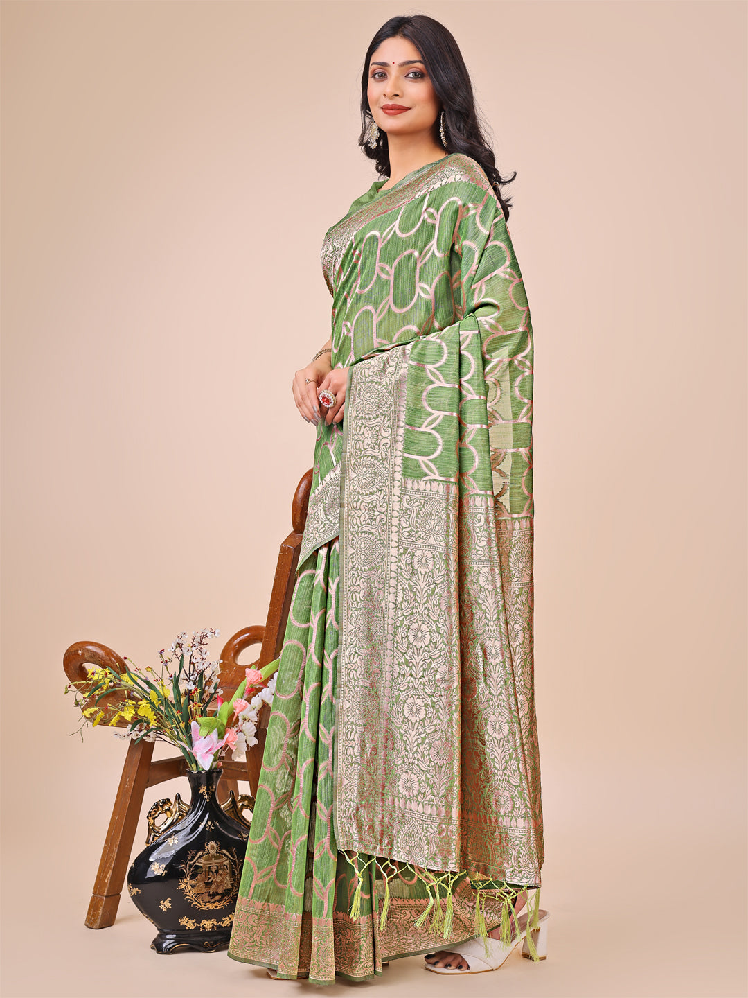 Astita Elegant Green Linen Cotton Saree with Silver Zari Border & Geometric Weave - Daily,Office & Festive Wear - Distacart