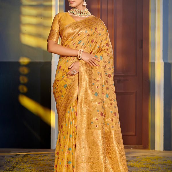 Shree Shyam Fashion Graceful Yellow Banarasi Silk Saree with Golden Zari Woven Border & Floral Jaal - Wedding & Festive Wear - Distacart