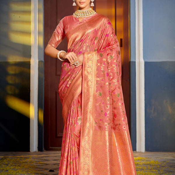 Shree Shyam Fashion Graceful Peach Banarasi Silk Saree with Golden Zari Woven Border & Floral Jaal - Wedding & Festive Wear - Distacart