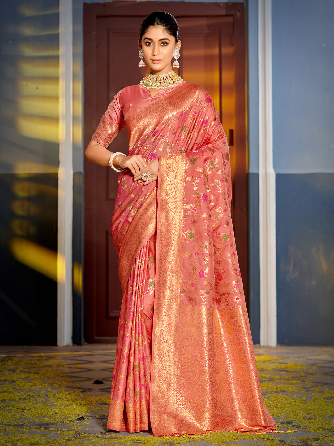 Shree Shyam Fashion Graceful Peach Banarasi Silk Saree with Golden Zari Woven Border & Floral Jaal - Wedding & Festive Wear - Distacart