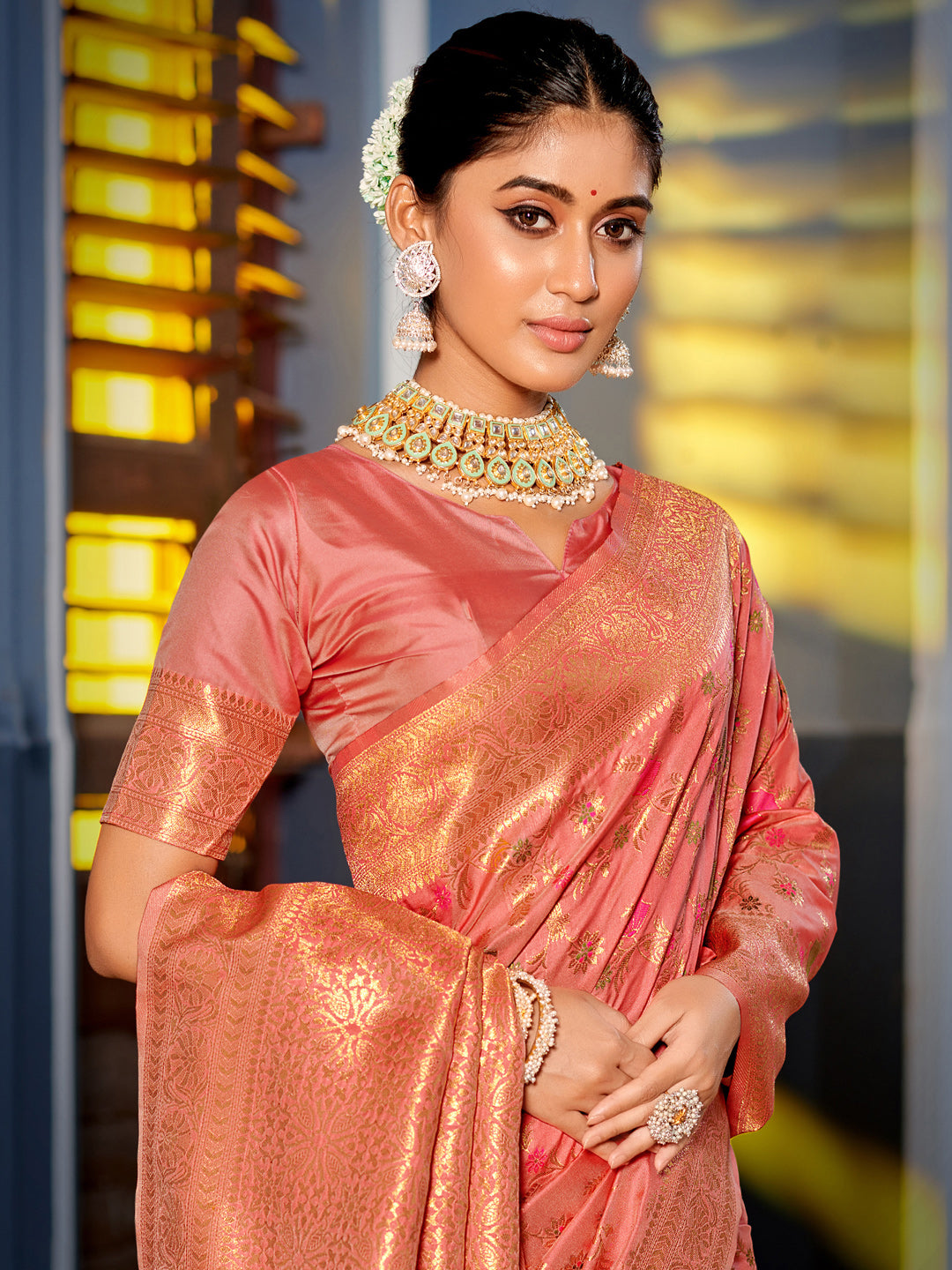 Astita Graceful Peach Banarasi Silk Saree with Golden Zari Woven Border & Floral Jaal - Wedding & Festive Wear - Distacart