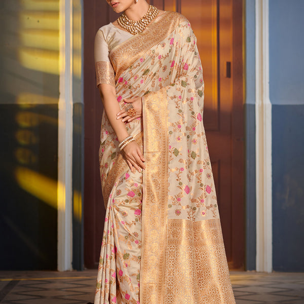 Astita Graceful White Banarasi Silk Saree with Golden Zari Woven Border & Floral Jaal - Wedding & Festive Wear - Distacart