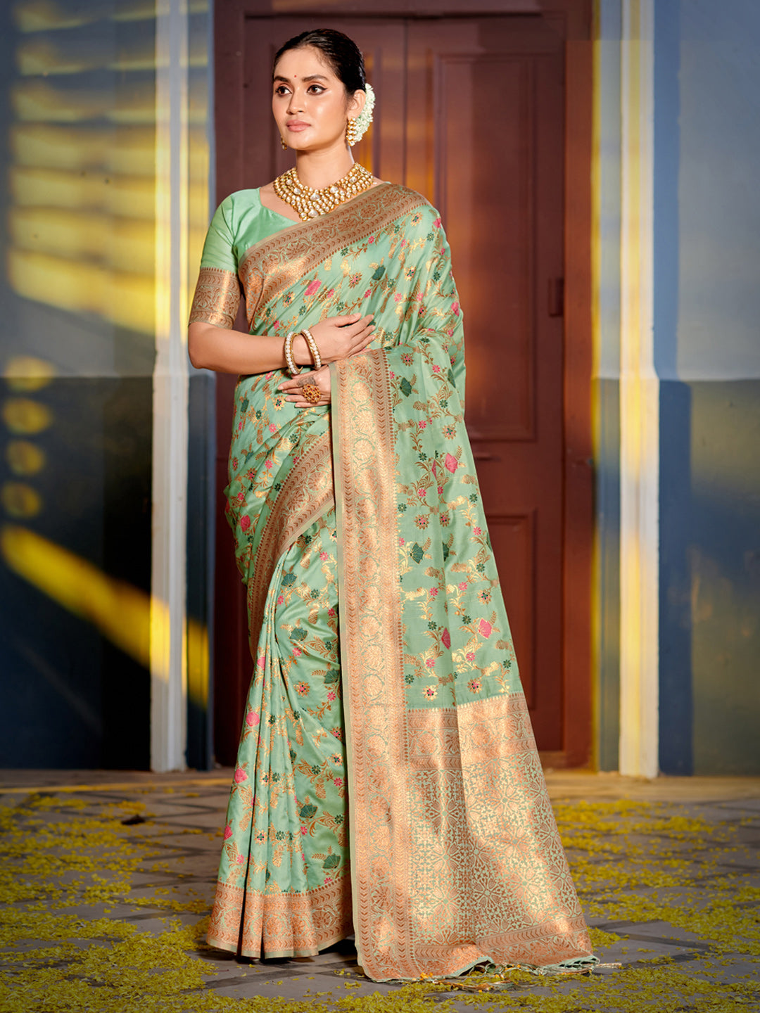 Astita Graceful Sea Green Banarasi Silk Saree with Golden Zari Woven Border & Floral Jaal - Wedding & Festive Wear - Distacart