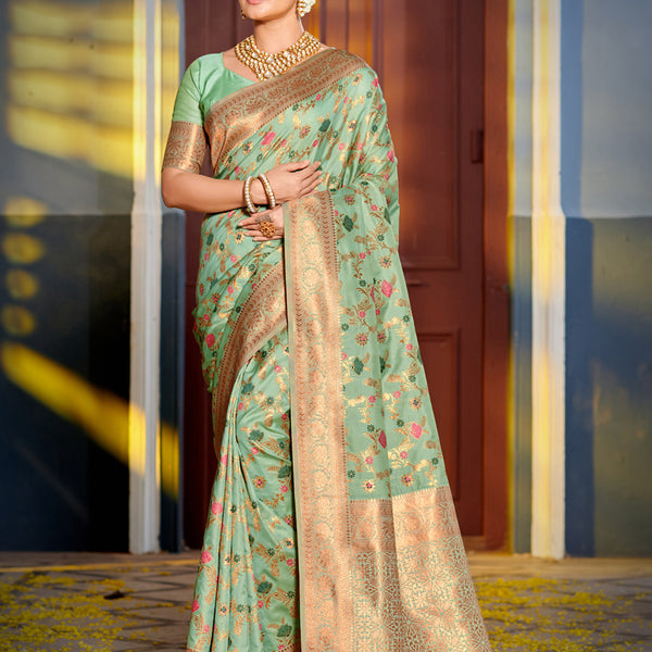 Shree Shyam Fashion Graceful Sea Green Banarasi Silk Saree with Golden Zari Woven Border & Floral Jaal - Wedding & Festive Wear - Distacart