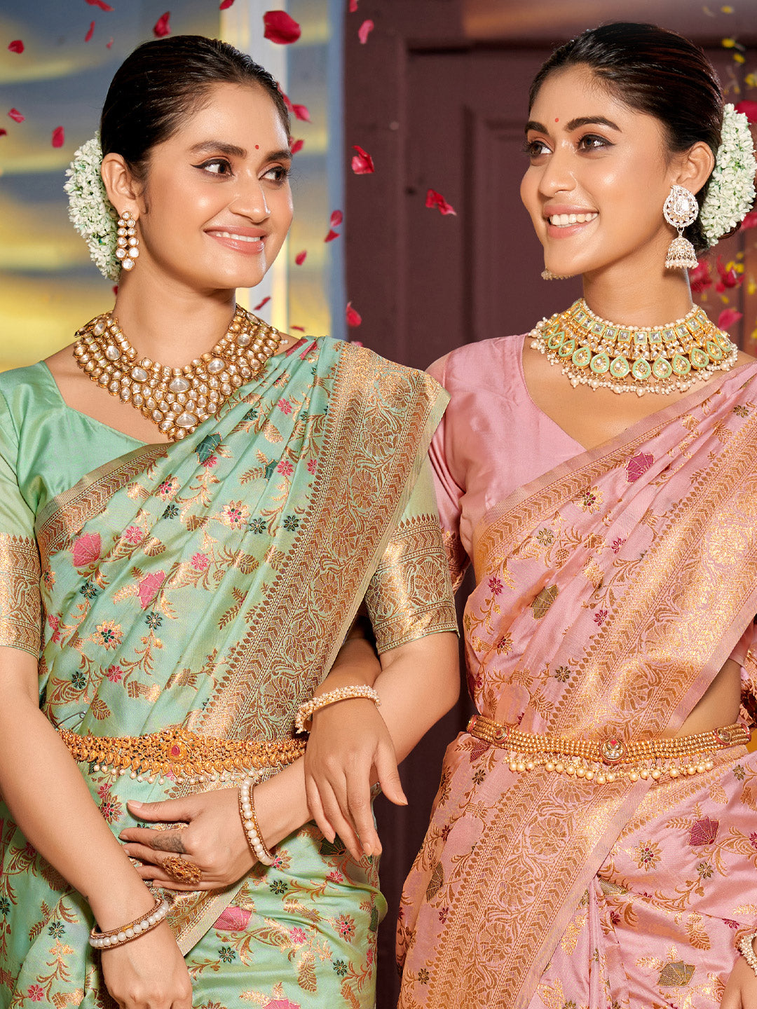 Astita Graceful Sea Green Banarasi Silk Saree with Golden Zari Woven Border & Floral Jaal - Wedding & Festive Wear - Distacart