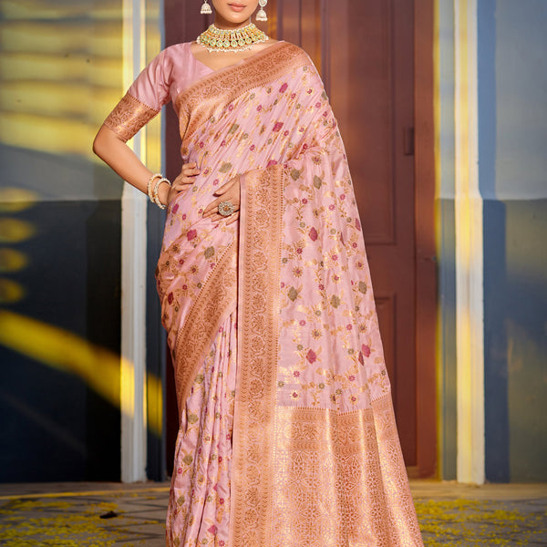 Shree Shyam Fashion Graceful Pink Banarasi Silk Saree with Golden Zari Woven Border & Floral Jaal - Wedding & Festive Wear - Distacart