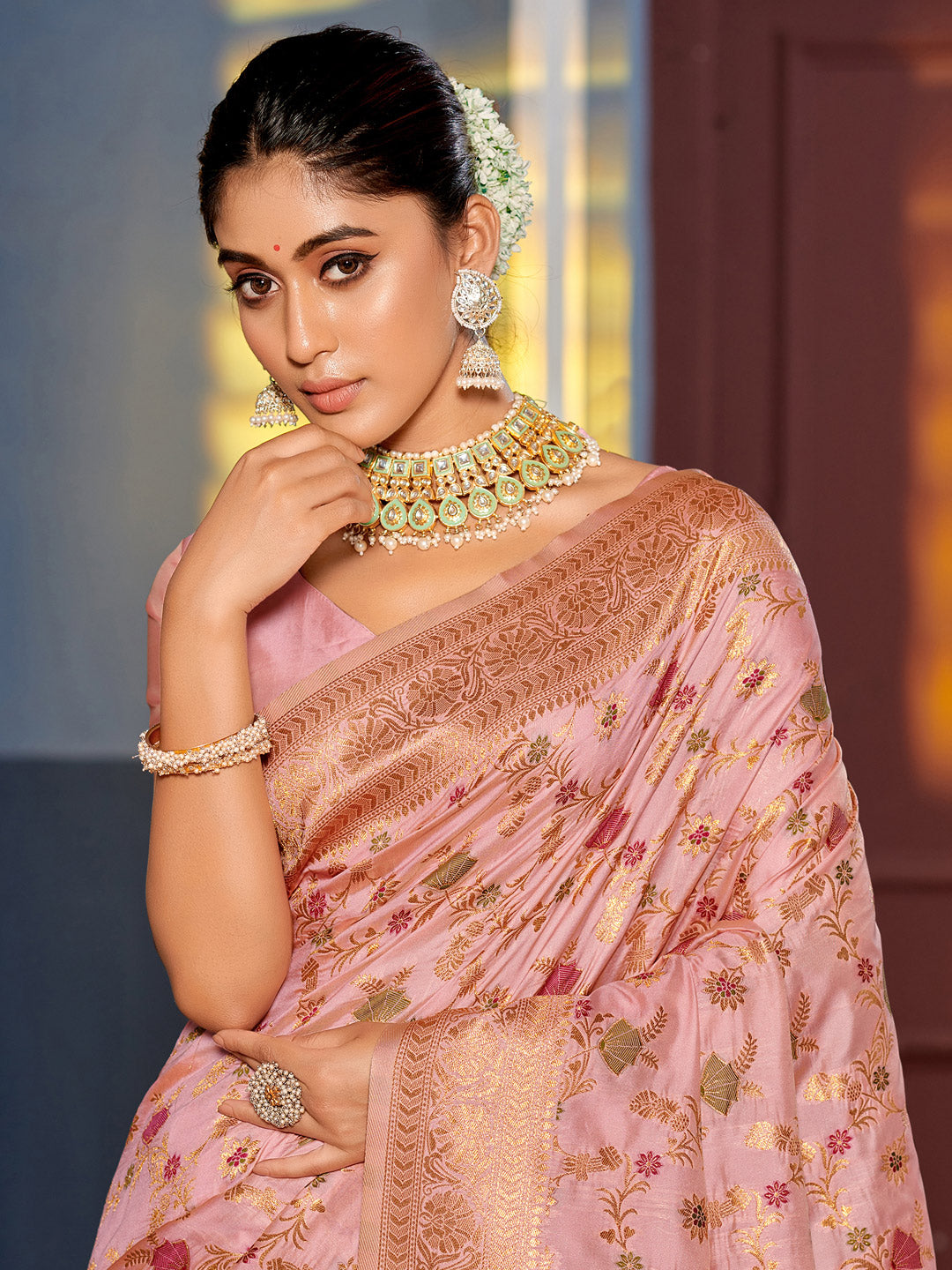 Astita Graceful Pink Banarasi Silk Saree with Golden Zari Woven Border & Floral Jaal - Wedding & Festive Wear - Distacart