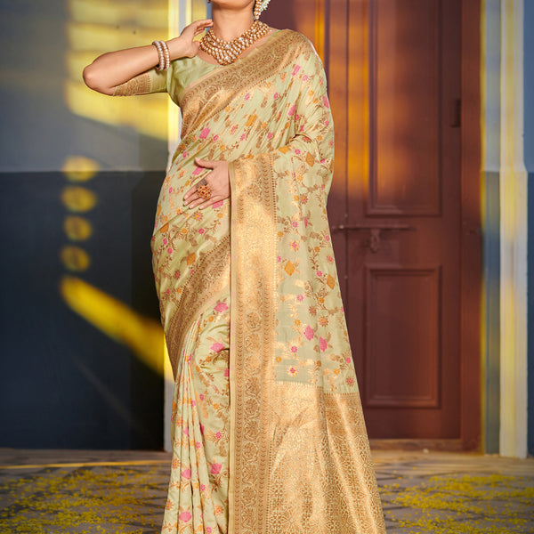 Shree Shyam Fashion Graceful Light Green Banarasi Silk Saree with Golden Zari Woven Border & Floral Jaal - Wedding & Festive Wear - Distacart