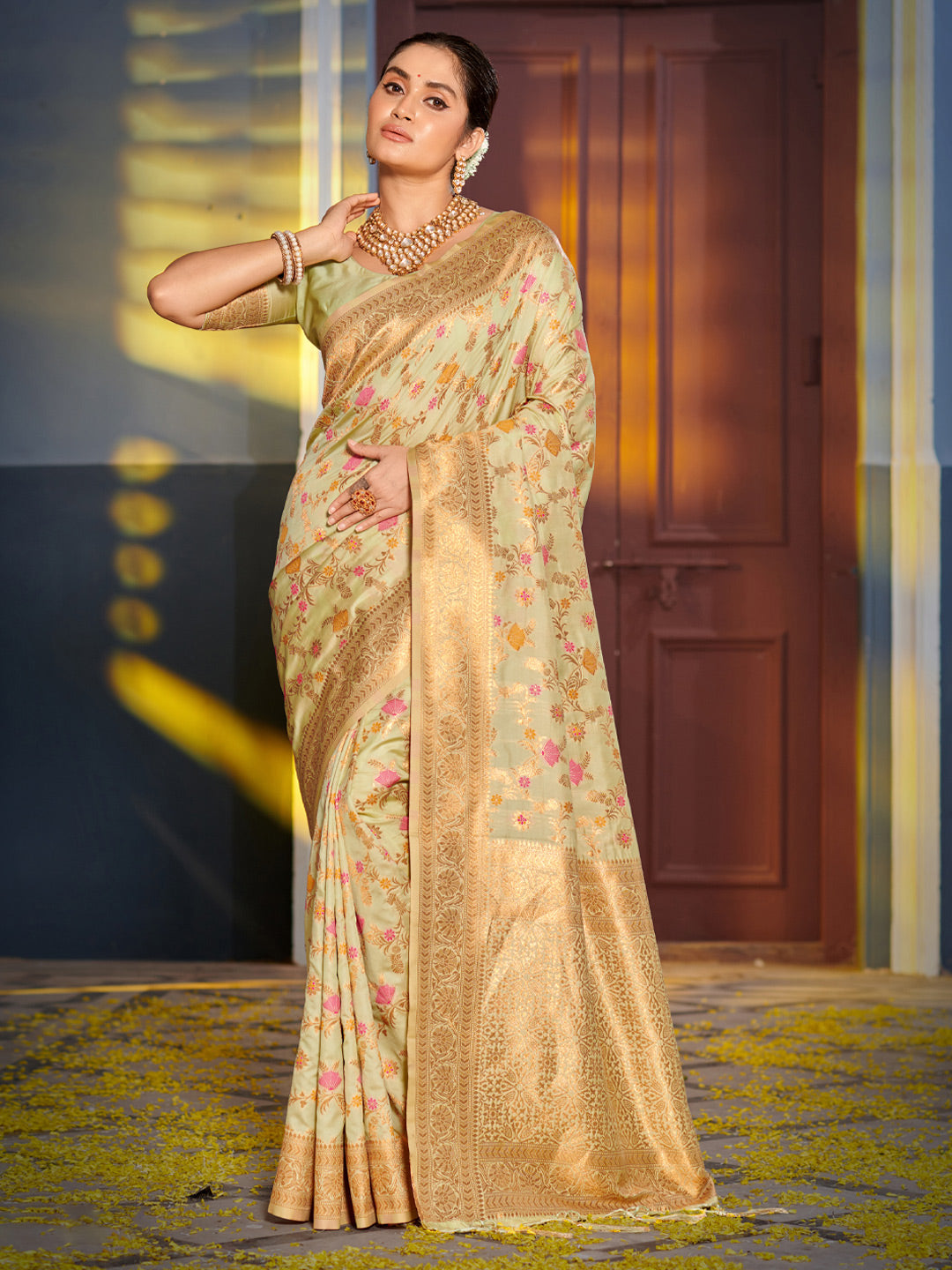Shree Shyam Fashion Graceful Light Green Banarasi Silk Saree with Golden Zari Woven Border & Floral Jaal - Wedding & Festive Wear