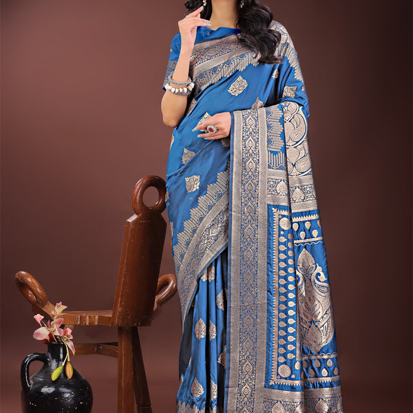 Shree Shyam Fashion Graceful Royal Blue Banarasi Silk Saree with Silver Zari - Perfect Ethnic Wear for Weddings & Festive Moments - Distacart