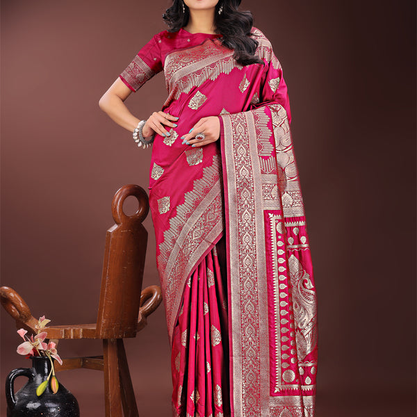 Shree Shyam Fashion Graceful Magenta Banarasi Silk Saree with Silver Zari - Perfect Ethnic Wear for Weddings & Festive Moments - Distacart