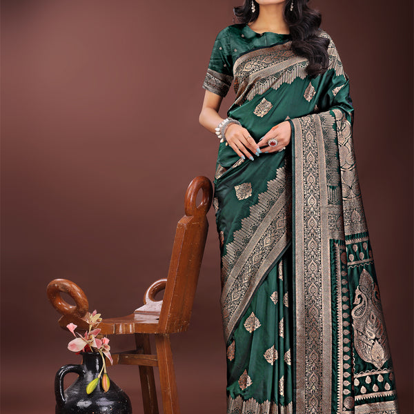 Shree Shyam Fashion Graceful Green Banarasi Silk Saree with Silver Zari - Perfect Ethnic Wear for Weddings & Festive Moments - Distacart