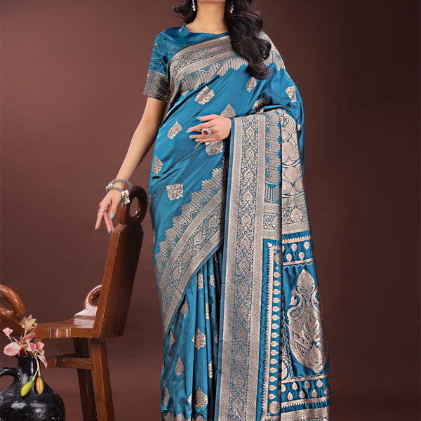 Shree Shyam Fashion Graceful Teal Banarasi Silk Saree with Silver Zari - Perfect Ethnic Wear for Weddings & Festive Moments - Distacart