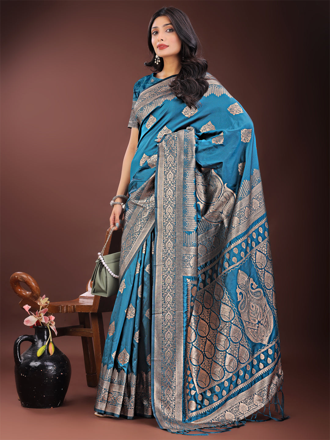 Astita Graceful Teal Banarasi Silk Saree with Silver Zari - Perfect Ethnic Wear for Weddings & Festive Moments - Distacart