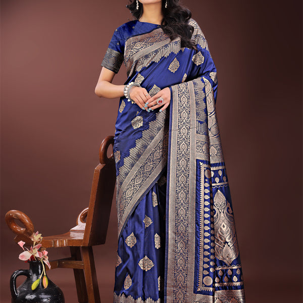 Shree Shyam Fashion Graceful Navy Blue Banarasi Silk Saree with Silver Zari - Perfect Ethnic Wear for Weddings & Festive Moments - Distacart