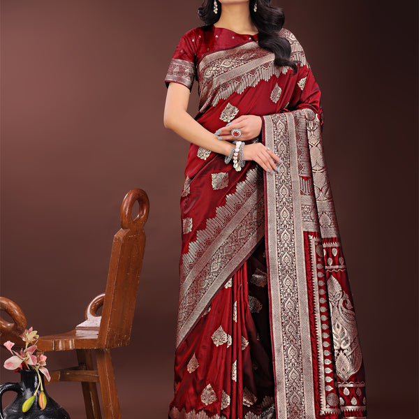 Shree Shyam Fashion Graceful Maroon Banarasi Silk Saree with Silver Zari - Perfect Ethnic Wear for Weddings & Festive Moments - Distacart