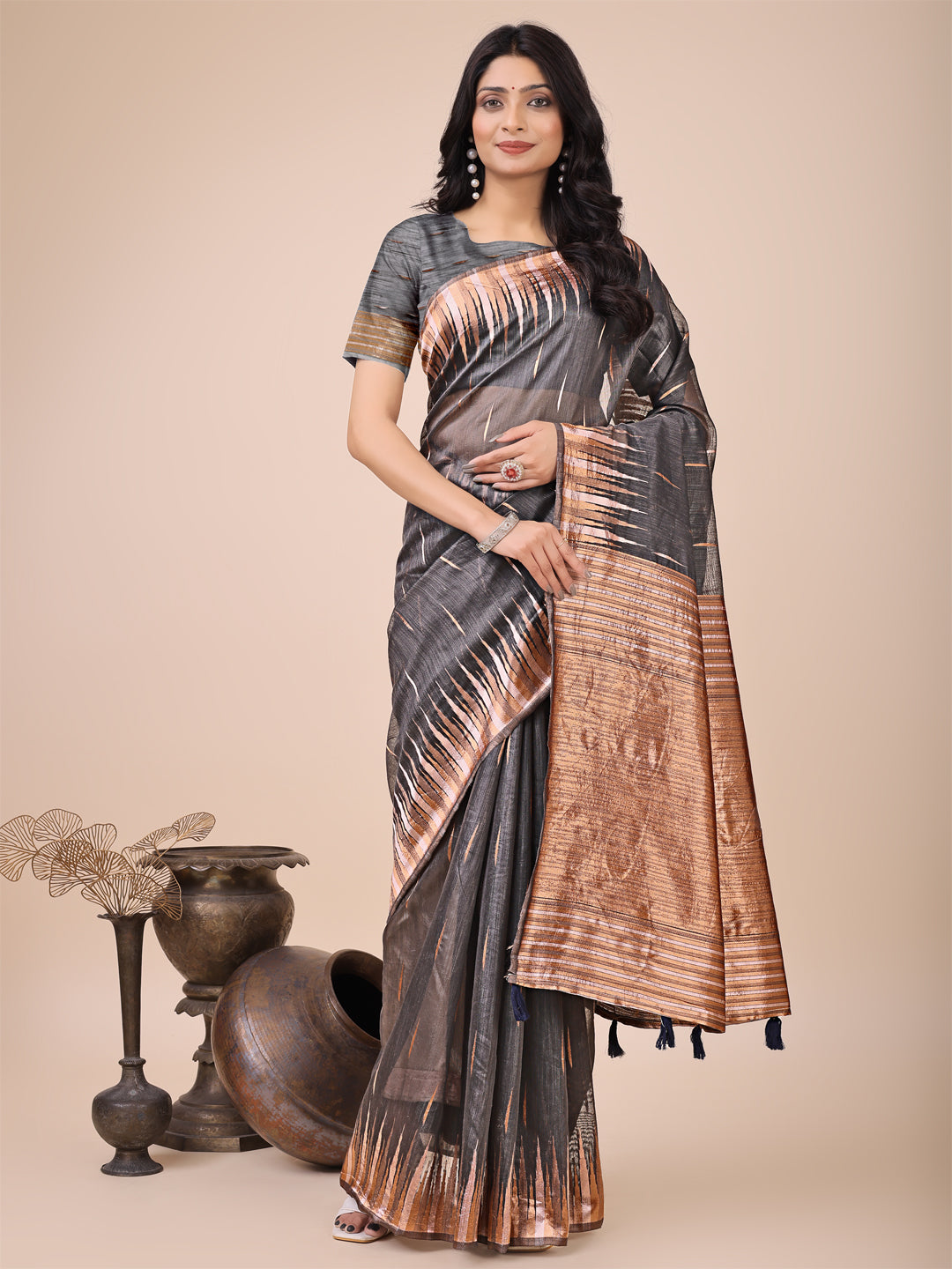 Shree Shyam Fashion Premium Charcoal Black Linen Cotton Saree with Copper Zari Pallu & Abstract Print - Office & Festive Wear - Distacart
