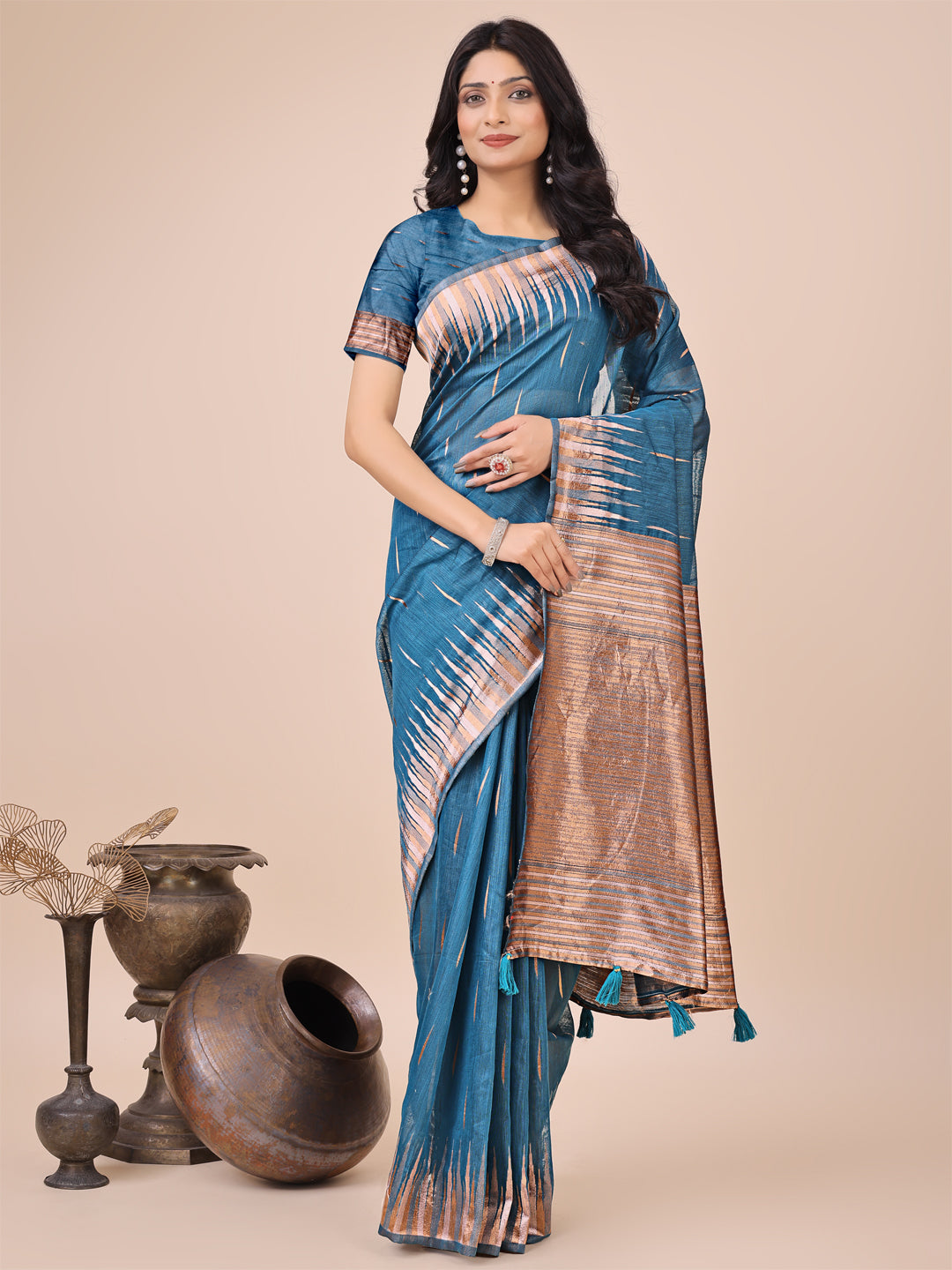Shree Shyam Fashion Elegant Blue Linen Cotton Saree with Copper Zari Pallu and Artistic Brush Pattern - Festive & Formal Wear - Distacart