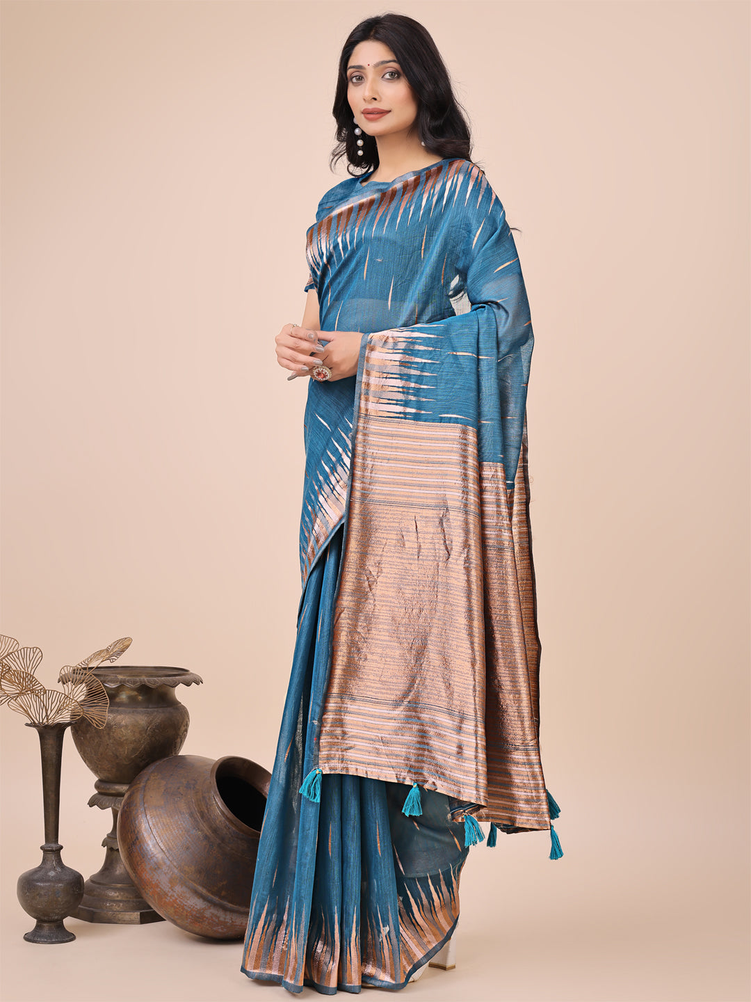 Astita Elegant Blue Linen Cotton Saree with Copper Zari Pallu and Artistic Brush Pattern - Festive & Formal Wear - Distacart