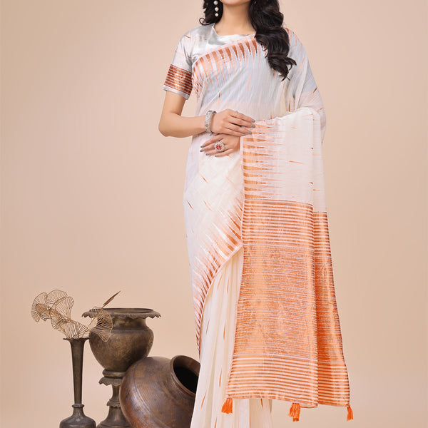 Shree Shyam Fashion Elegant White Linen Cotton Saree with Copper Zari Pallu and Artistic Brush Pattern - Festive & Formal Wear - Distacart