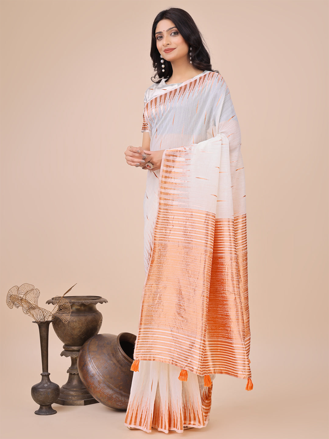 Astita Elegant White Linen Cotton Saree with Copper Zari Pallu and Artistic Brush Pattern - Festive & Formal Wear - Distacart