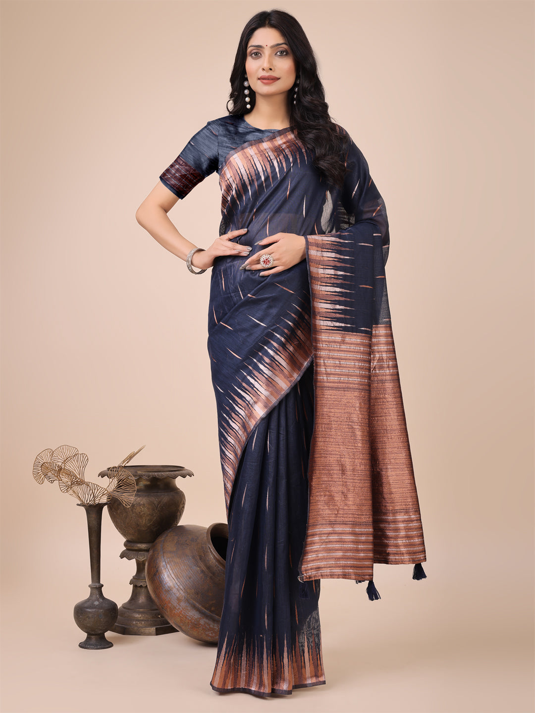 Astita Elegant Navy Blue Linen Cotton Saree with Copper Zari Pallu and Artistic Brush Pattern - Festive & Formal Wear - Distacart