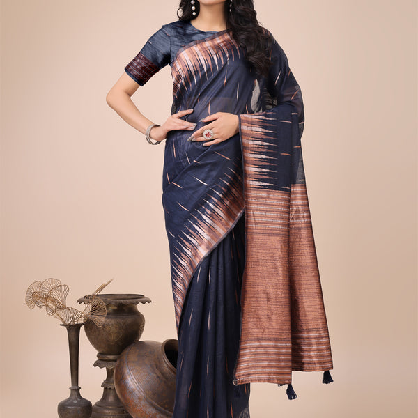 Shree Shyam Fashion Elegant Navy Blue Linen Cotton Saree with Copper Zari Pallu and Artistic Brush Pattern - Festive & Formal Wear - Distacart