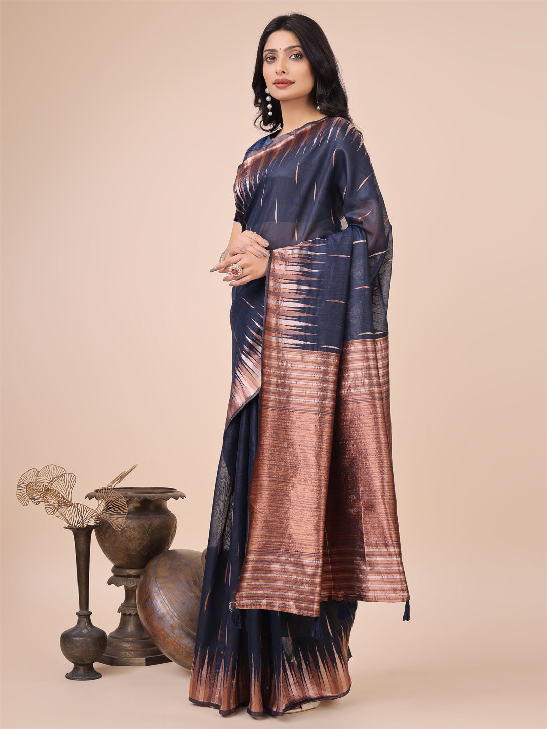 Astita Elegant Navy Blue Linen Cotton Saree with Copper Zari Pallu and Artistic Brush Pattern - Festive & Formal Wear - Distacart
