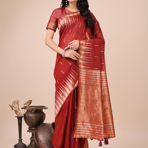 Shree Shyam Fashion Elegant Red Linen Cotton Saree with Copper Zari Pallu and Artistic Brush Pattern - Festive & Formal Wear - Distacart