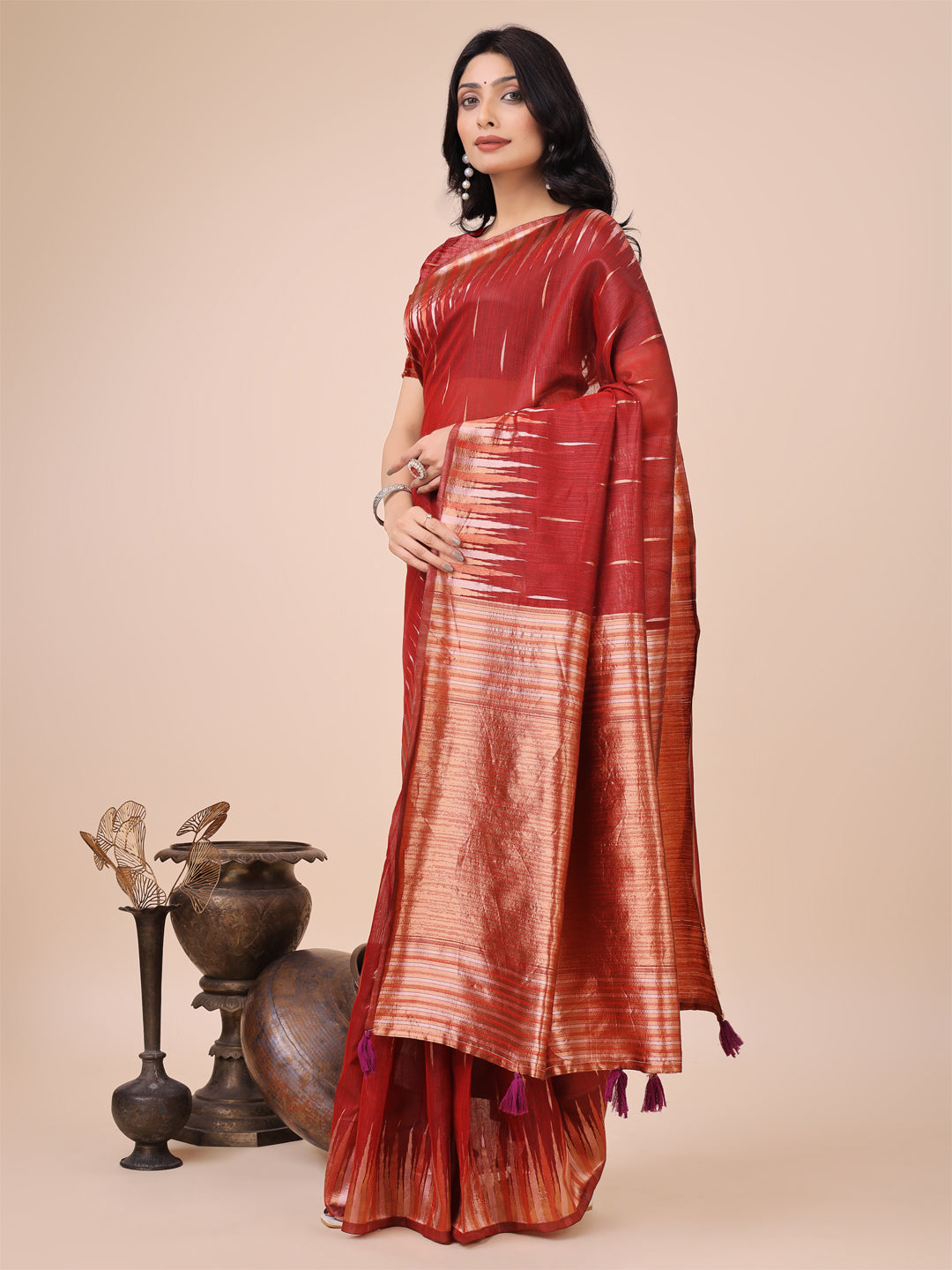 Astita Elegant Red Linen Cotton Saree with Copper Zari Pallu and Artistic Brush Pattern - Festive & Formal Wear - Distacart