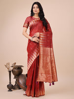 Thumbnail for Astita Elegant Red Linen Cotton Saree with Copper Zari Pallu and Artistic Brush Pattern - Festive & Formal Wear - Distacart